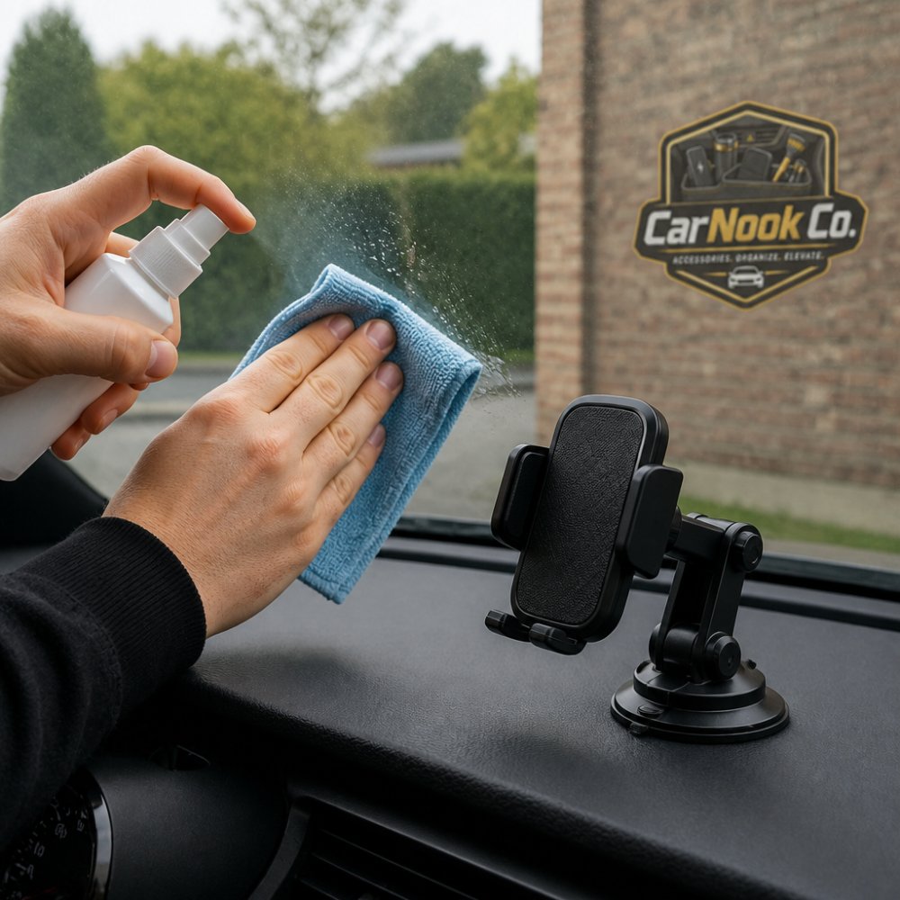 Close-up of hands using a microfiber cloth and isopropyl alcohol to clean a car windshield mounting area, with a suction cup mount nearby on a dashboard