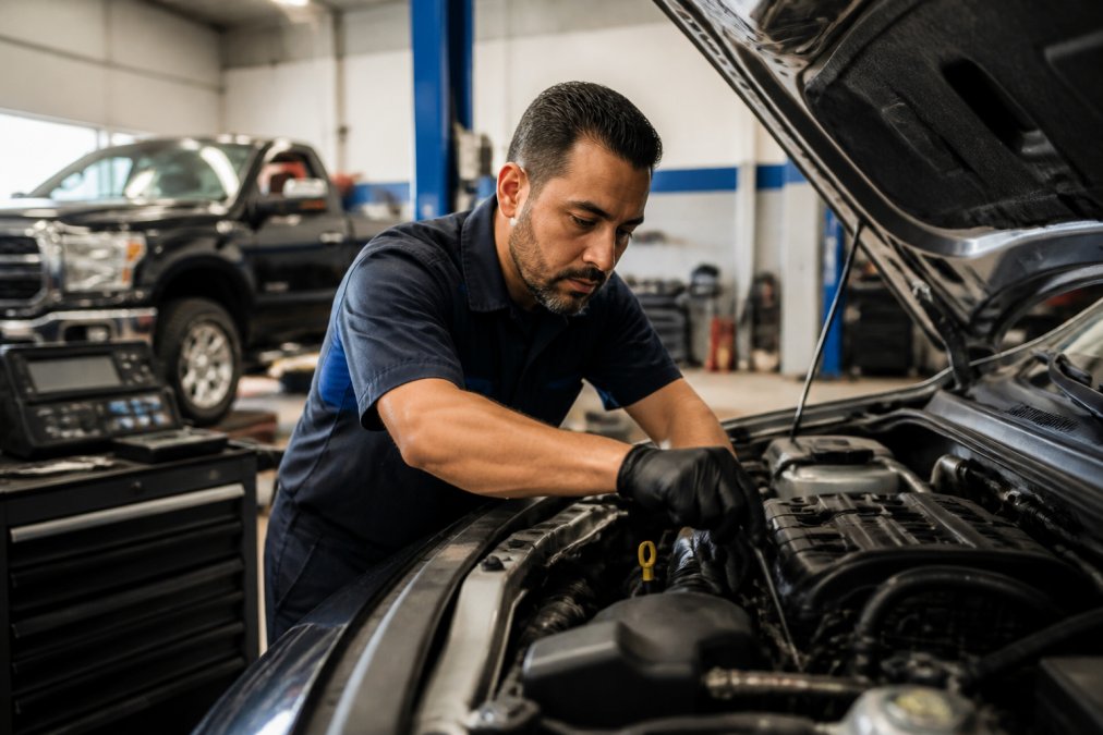A skilled automotive technician in a professional shop uniform working under the hood of a truck, surrounded by modern diagnostic equipment and tools in a well-lit garage bay