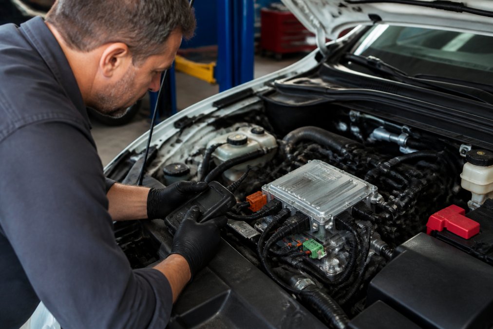 Certified technician using digital diagnostic scanner on modern vehicle engine compartment with visible electronic control modules and sensor connections