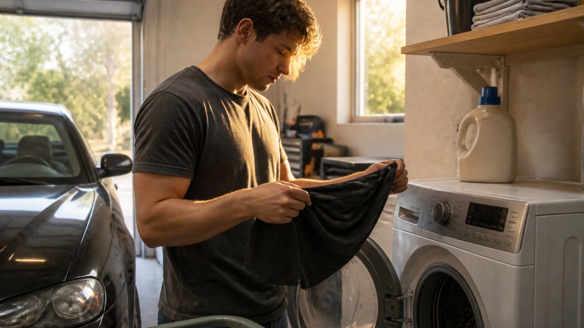 A young adult in a garage laundry corner turning a graphic car t-shirt inside out before placing it into a front-loading washing machine, detergent bottle on the shelf nearby, warm afternoon light