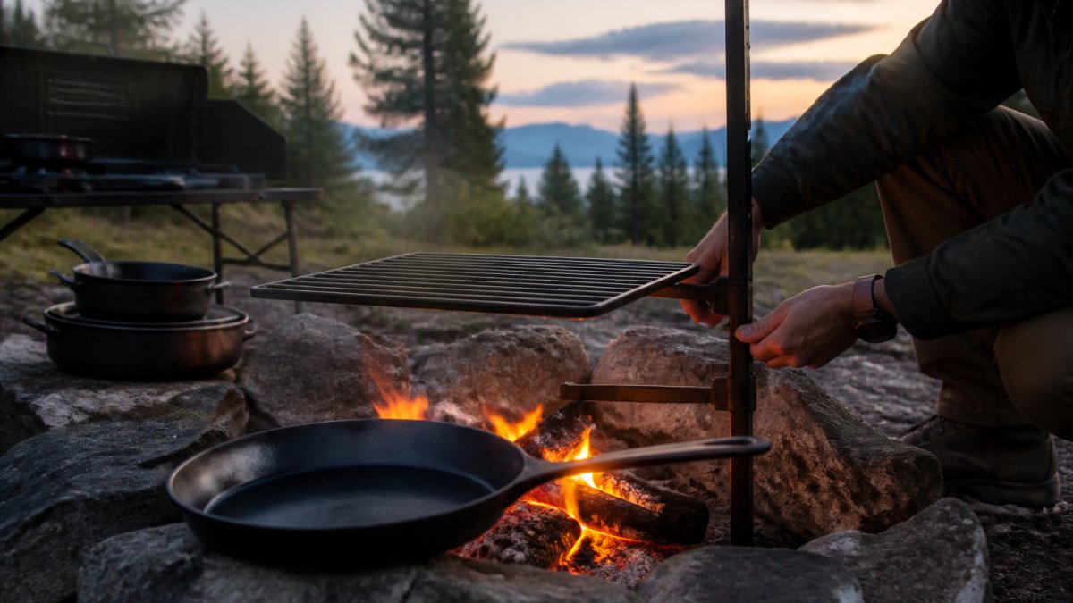 A carbon steel skillet and a heavy carbon steel grill grate resting beside a crackling campfire ring at dusk, with a camp stove and stacked cookware in the background and a camper's hands adjusting the grate height