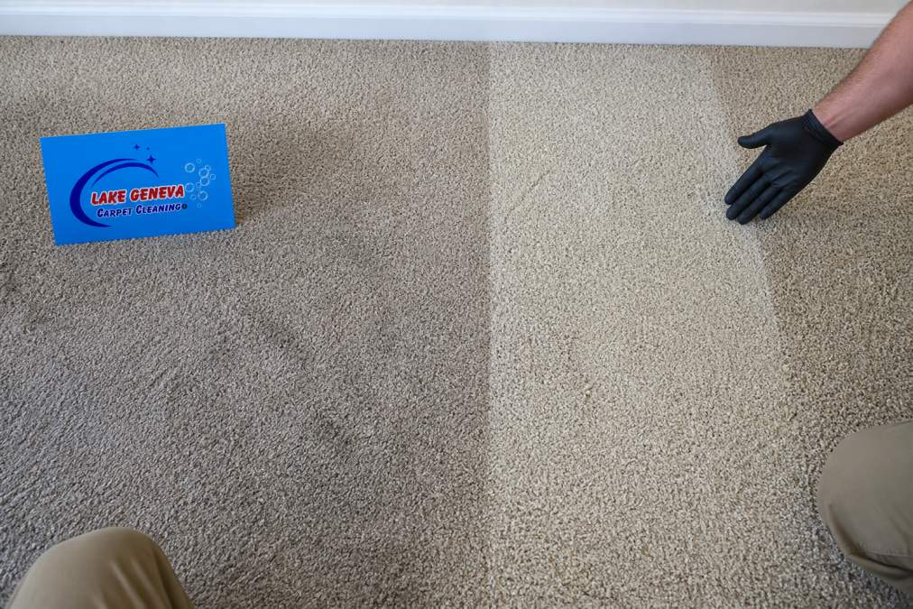 Before and after comparison showing a carpet section transformed from dull gray traffic lane to restored appearance with vibrant color and texture recovered