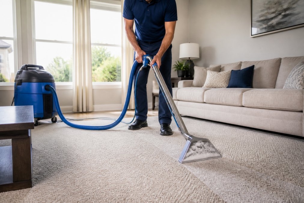 Professional demonstrating carpet extraction technique using hot water extraction machine on residential living room carpet with visible cleaning solution being removed, bright natural lighting from windows