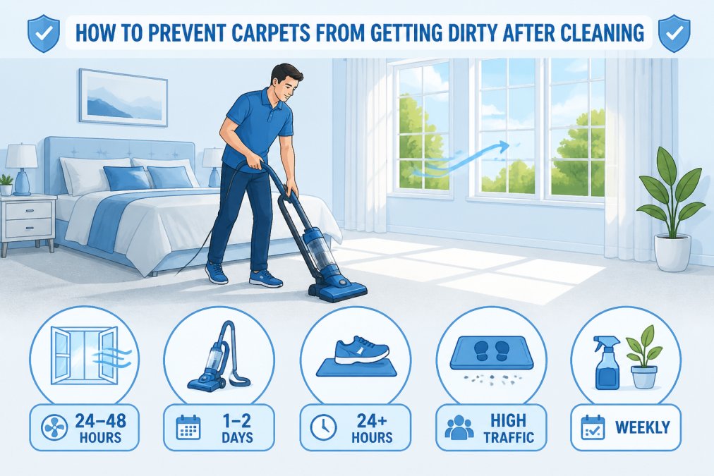 Person vacuuming clean carpet in bright bedroom with windows showing good natural lighting and air circulation, demonstrating proper post-cleaning maintenance technique