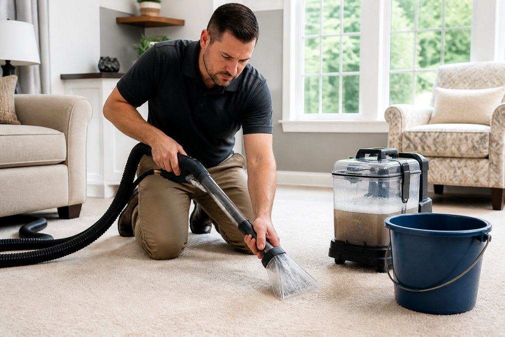 Close-up of a homeowner using a wet vacuum extractor on a carpet, visible water in the tank and a bucket nearby, bright living room with natural daylight