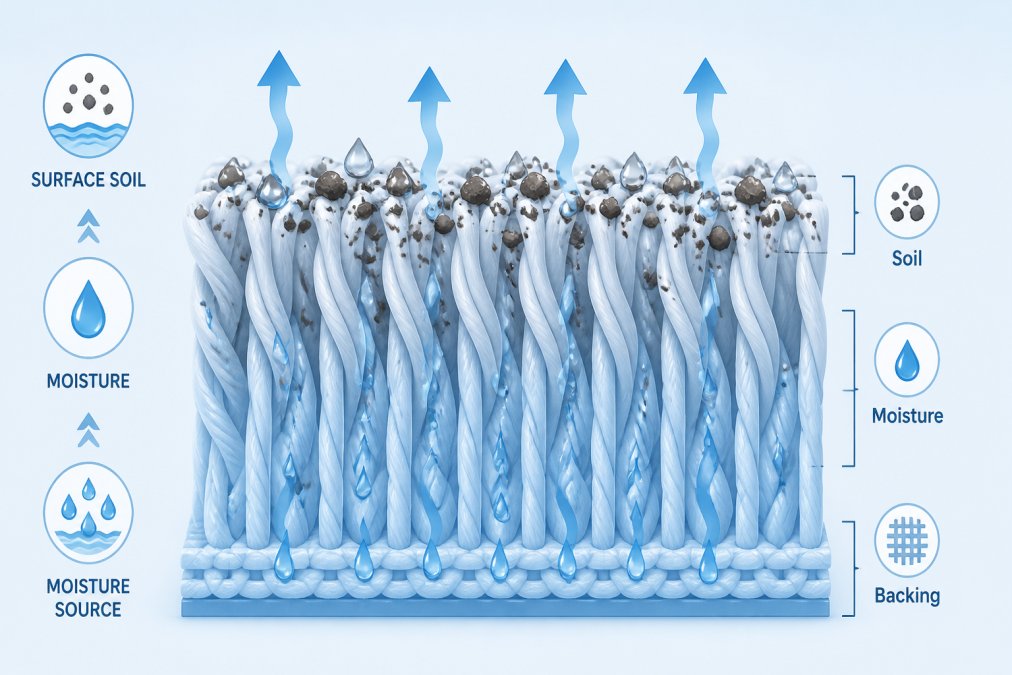 Close-up of carpet fibers showing moisture and soil particles migrating upward through the pile, with visible water droplets and dirt accumulation on the surface layers