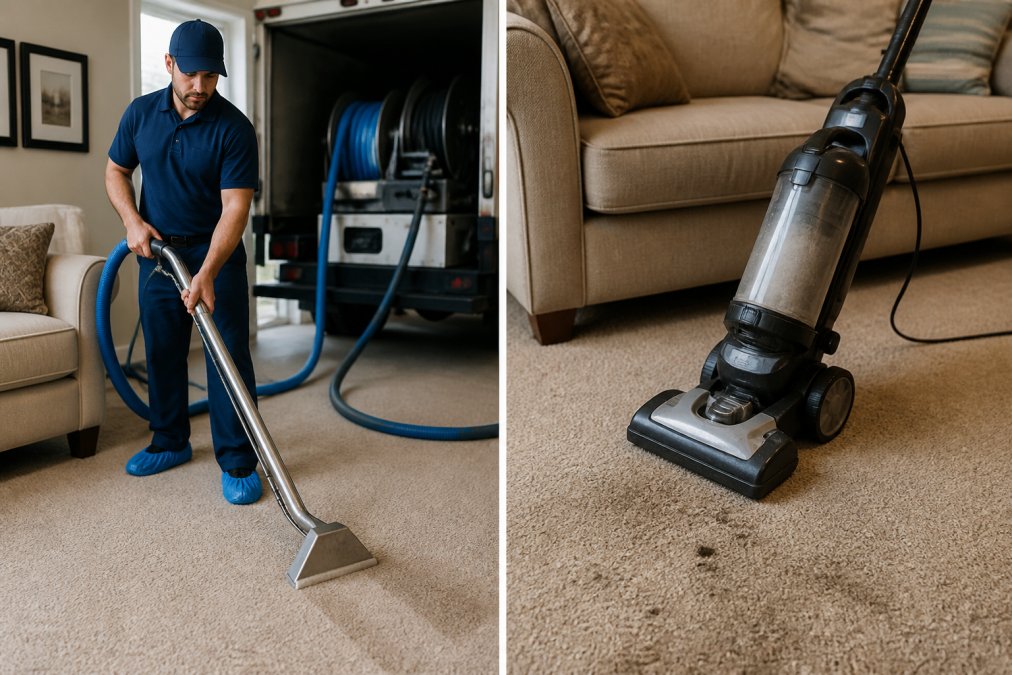 Professional carpet cleaning technician in uniform using truck-mounted hot water extraction equipment on residential living room carpet, demonstrating proper technique with powerful suction equipment