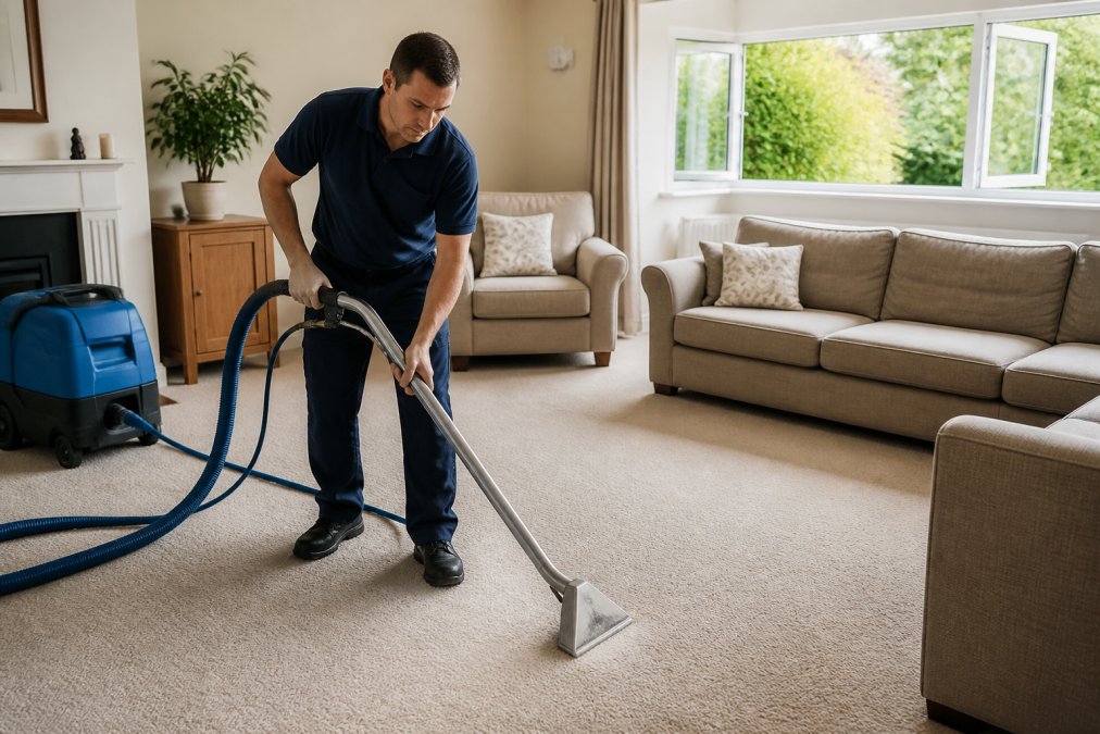 Professional carpet cleaning technician using hot water extraction equipment on a residential living room carpet with proper ventilation setup visible