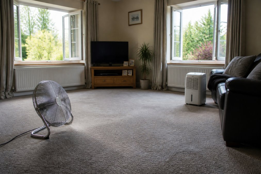 Living room with open windows on opposite walls, a standing fan angled toward damp carpet, and a portable dehumidifier running in the corner during bright afternoon sunlight