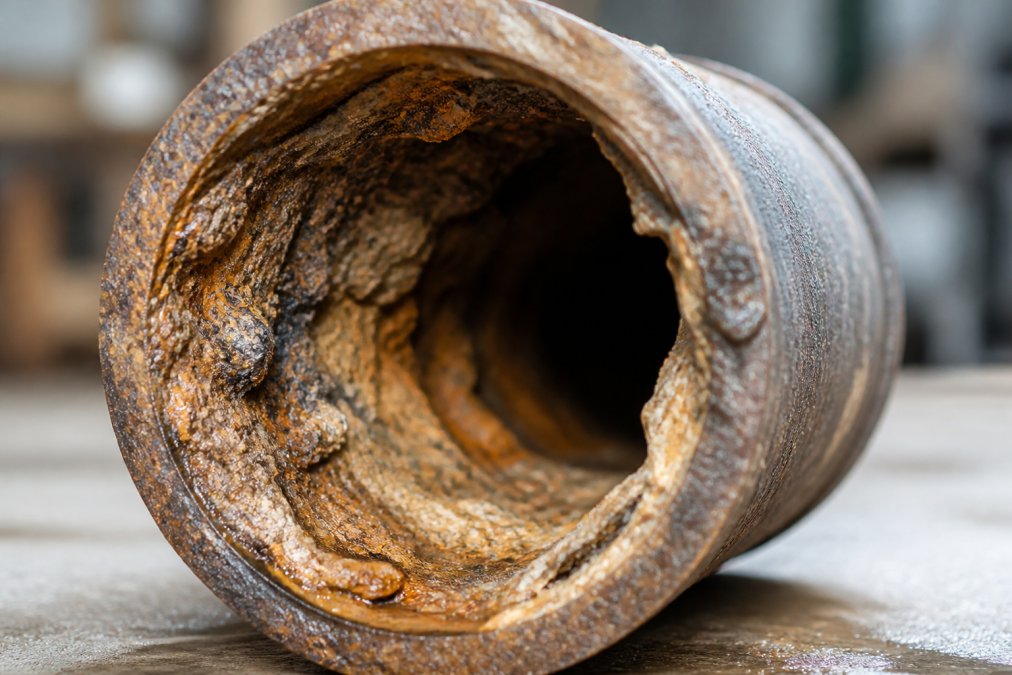 Diagram showing how rust and scale buildup explain why cast iron pipes keep backing up over time.