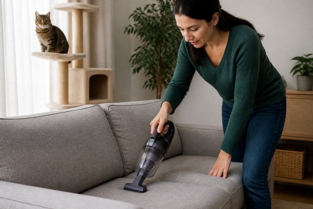 A person in a living room using a handheld vacuum on a fabric sofa while a cat sits nearby on a cat tree, showing practical dander reduction at home