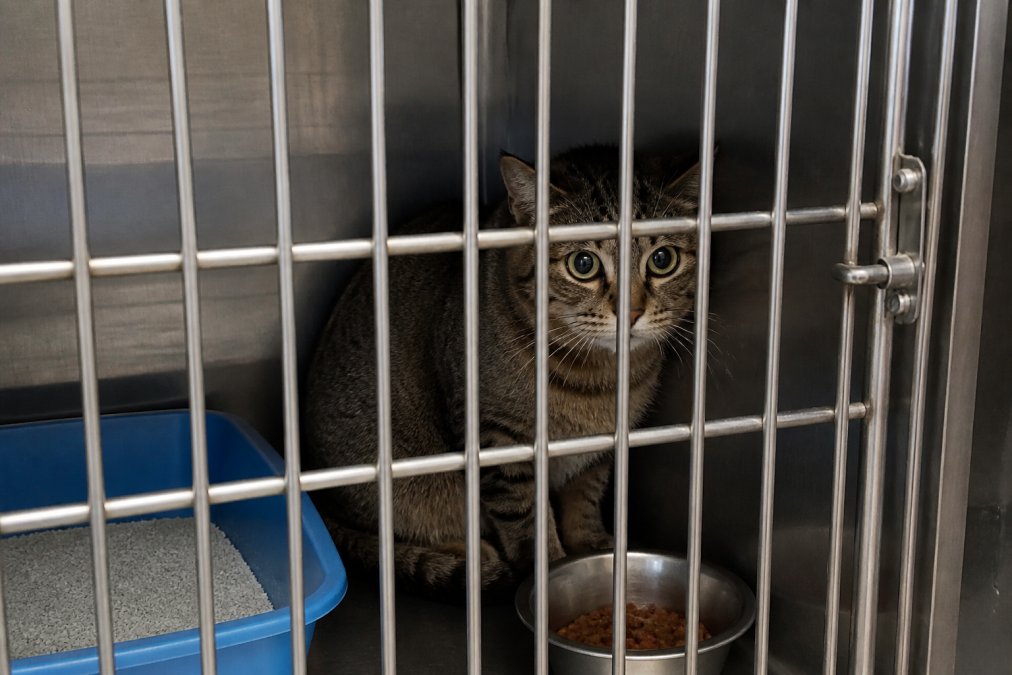 A stressed tabby cat pressed into the back corner of a stainless steel kennel cage, ears flattened against its head and eyes wide, with a small litter box and food bowl visible behind the wire door
