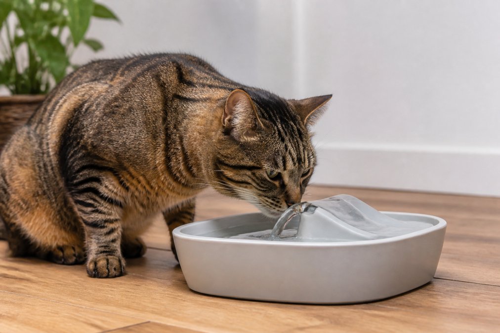 Curious cat approaching a water fountain in a home setting with its head lowered toward the water stream, showing positive engagement with the fountain