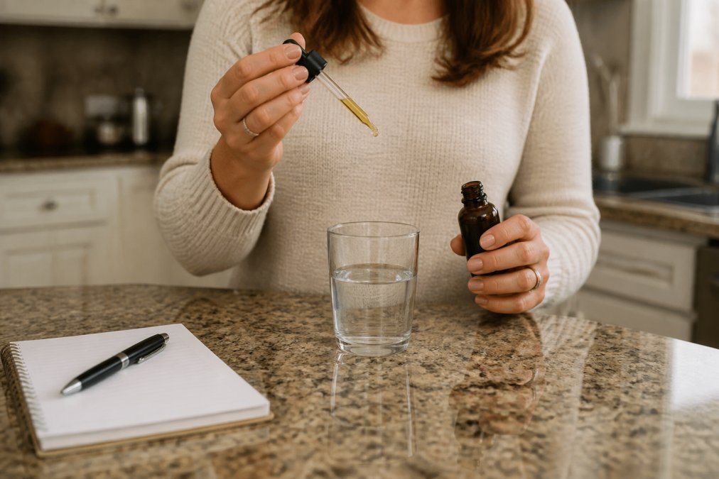 Person holding a CBD oil bottle and dropper over a glass of water on a kitchen counter, with a notebook and pen nearby for tracking dosage notes