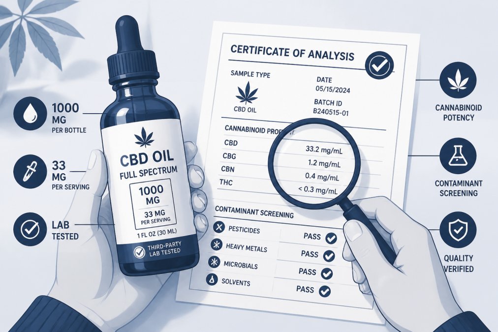 Close-up of hands examining a CBD oil bottle label and certificate of analysis document under natural light, showing attention to quality verification details