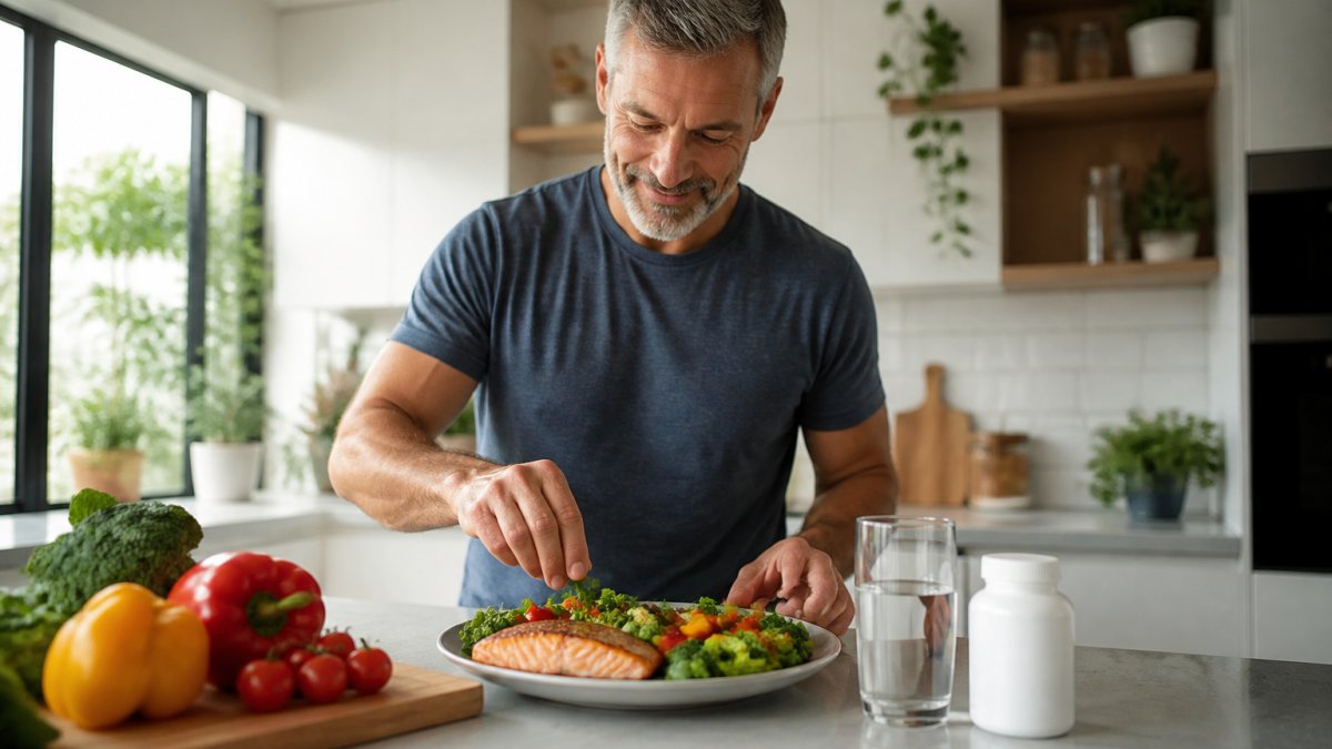 A health-conscious man in his fifties preparing a colourful plate of vegetables and oily fish in a bright modern kitchen, with a glass of water and a small supplement pot on the counter beside him