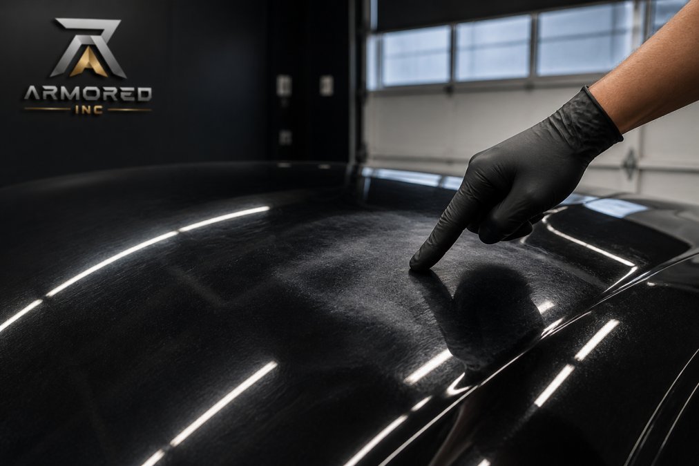 Close-up of a dark car hood under LED shop lighting showing a cloudy, hazy patch in the ceramic coating, with a detailer's gloved hand pointing at the defect