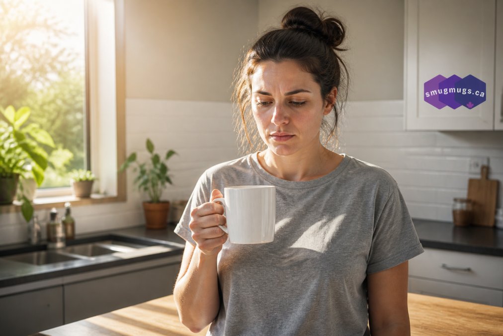 A person holding a plain, generic-looking white mug with a neutral expression, standing in a brightly lit kitchen with morning sunlight streaming through a window