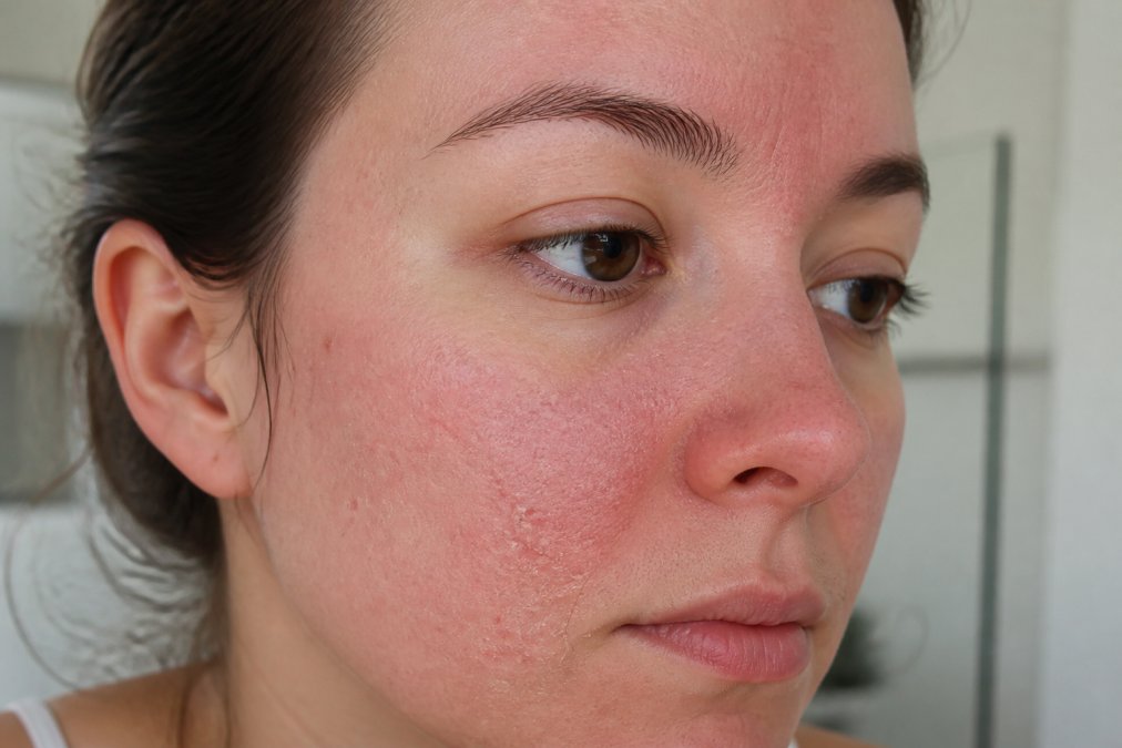 Close-up of person's face showing visible redness, irritation, and dry patches concentrated on cheeks and forehead, natural daylight lighting