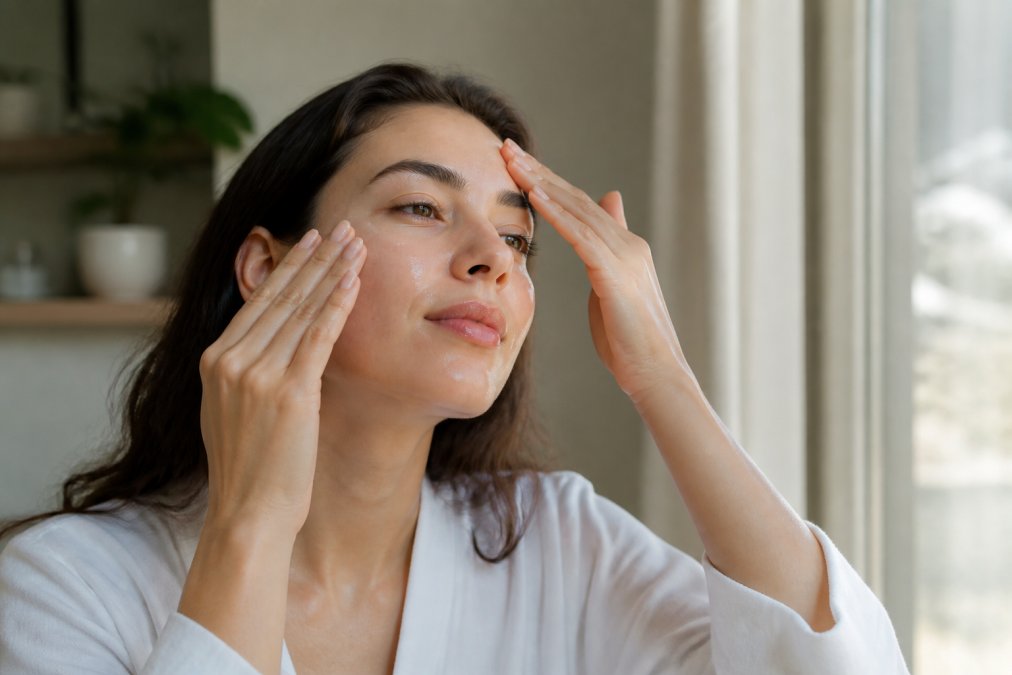 Person's hands applying lightweight serum to face in natural window lighting, showing proper upward application technique on cheeks and forehead