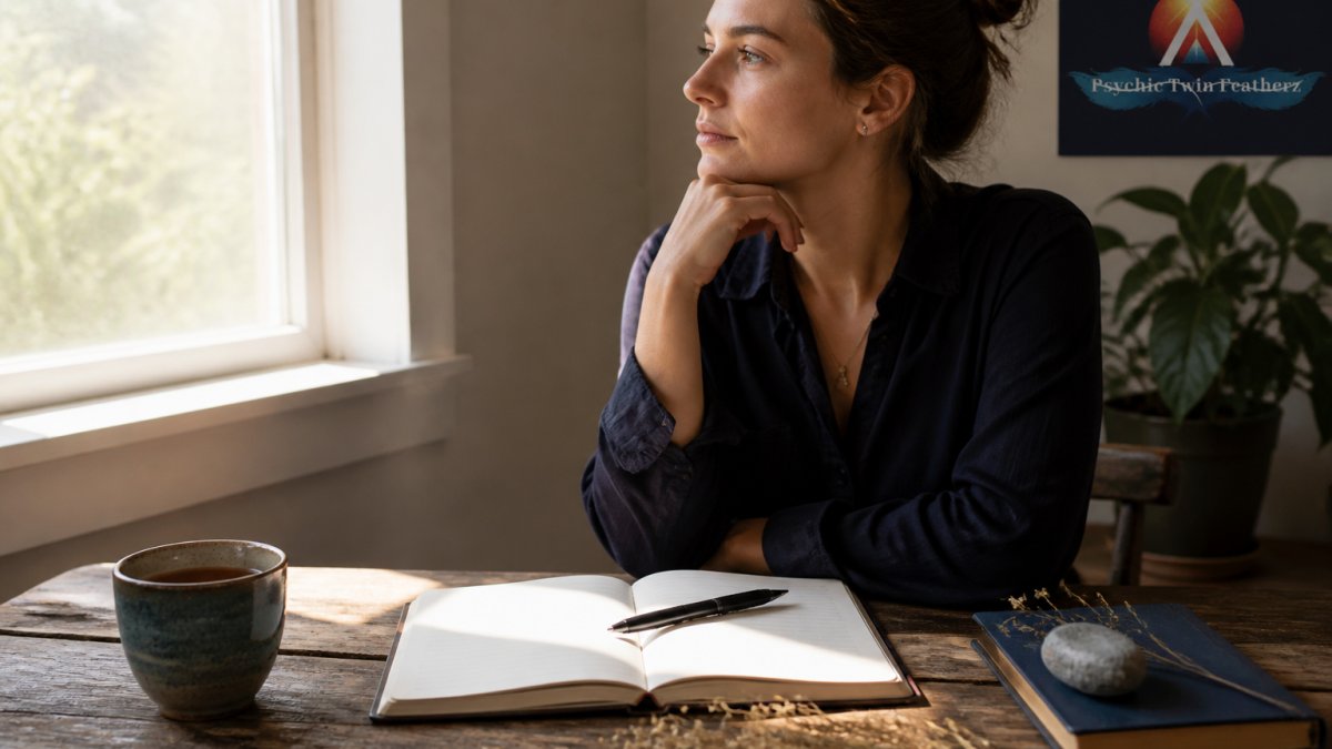 Why Certain Symbols Keep Appearing in Your Life 1 Person sitting at a wooden table with a journal, pen, and a warm cup of tea, reflecting thoughtfully with natural light from a window, creating a calm, introspective atmosphere
