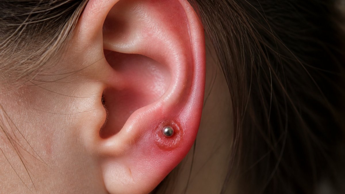 Close-up of a person's ear showing visible redness and mild swelling around a piercing site, with the jewelry visible in the piercing