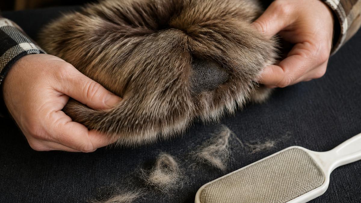 Diagram comparing loose surface fibers on cheap fur versus structural thinning patches using a lint brush.
