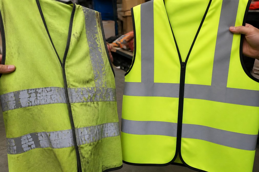 Comparison of cracked reflective tape on cheap hi vis vests versus new, intact safety tape after washing.