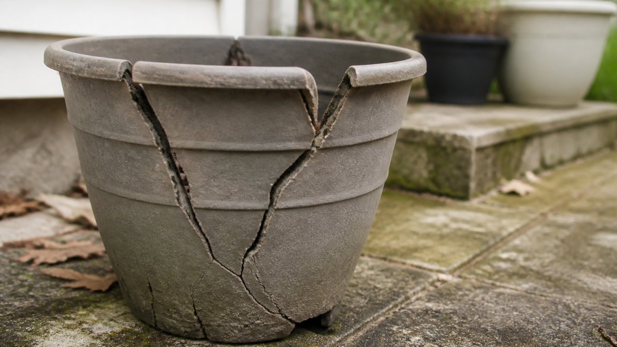 Close-up of cracked and brittle plastic planter showing visible damage, warping, and deterioration from UV exposure and freeze-thaw cycles, placed outdoors on a weathered patio