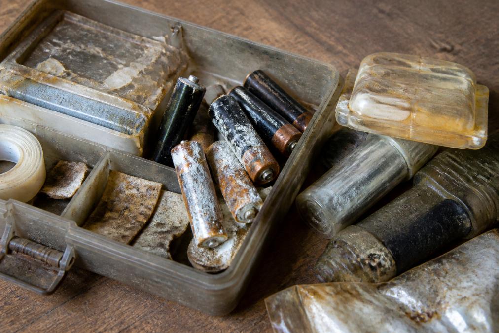 Corroded batteries and degraded plastic from gear where cheap survival kits fail during long-term storage.