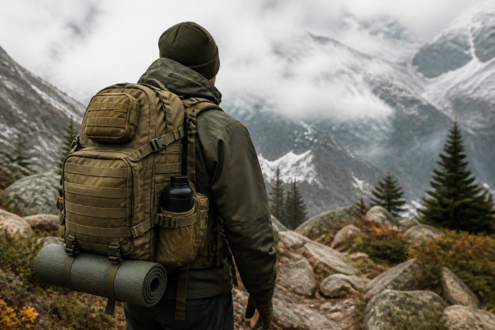Outdoor adventurer wearing a high-quality tactical backpack on a mountain trail, demonstrating proper load distribution, ergonomic fit, and organized gear attachment in misty wilderness setting with natural lighting