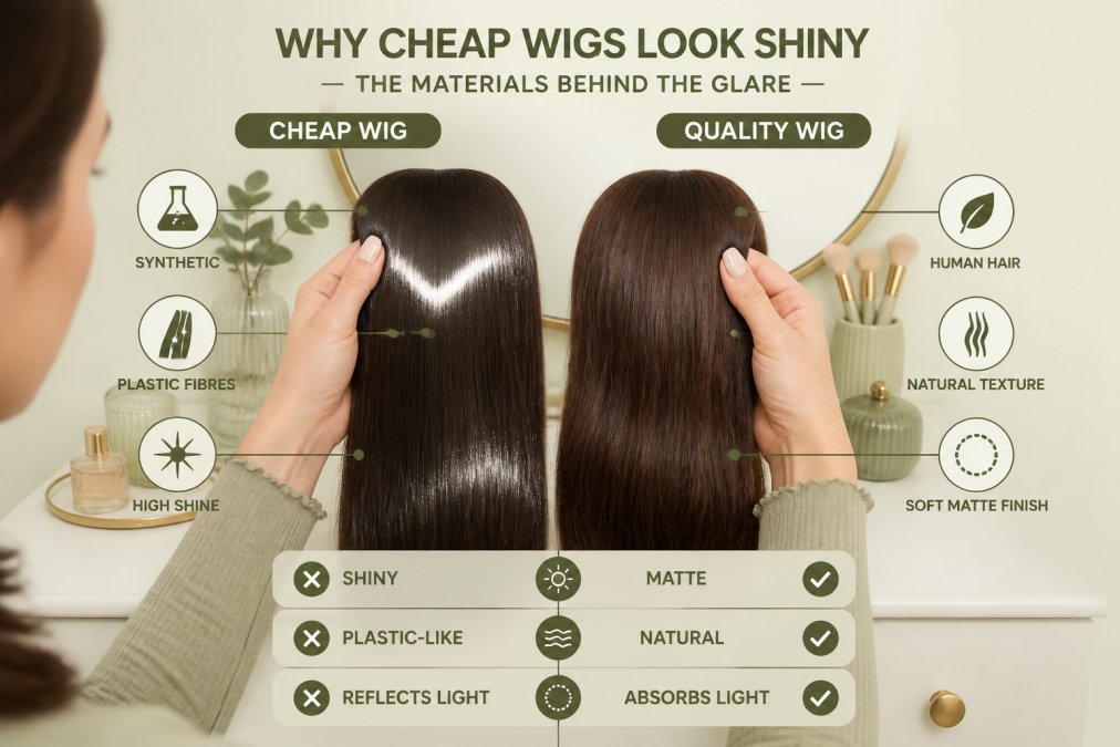 Close-up of a woman's hands holding two wig samples side by side under natural light, one with a visible plastic-like sheen and one with a soft matte finish, on a clean dressing table with a mirror in the background