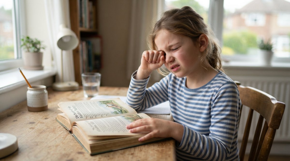 Child rubbing eyes while sitting at a desk with an open book, showing visible fatigue and discomfort from sustained reading effort in natural daylight