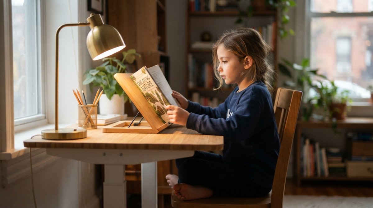 Child sitting at a properly positioned desk with correct upright posture, book positioned at appropriate distance and angle, good ambient lighting from a desk lamp and window, demonstrating ergonomic reading setup