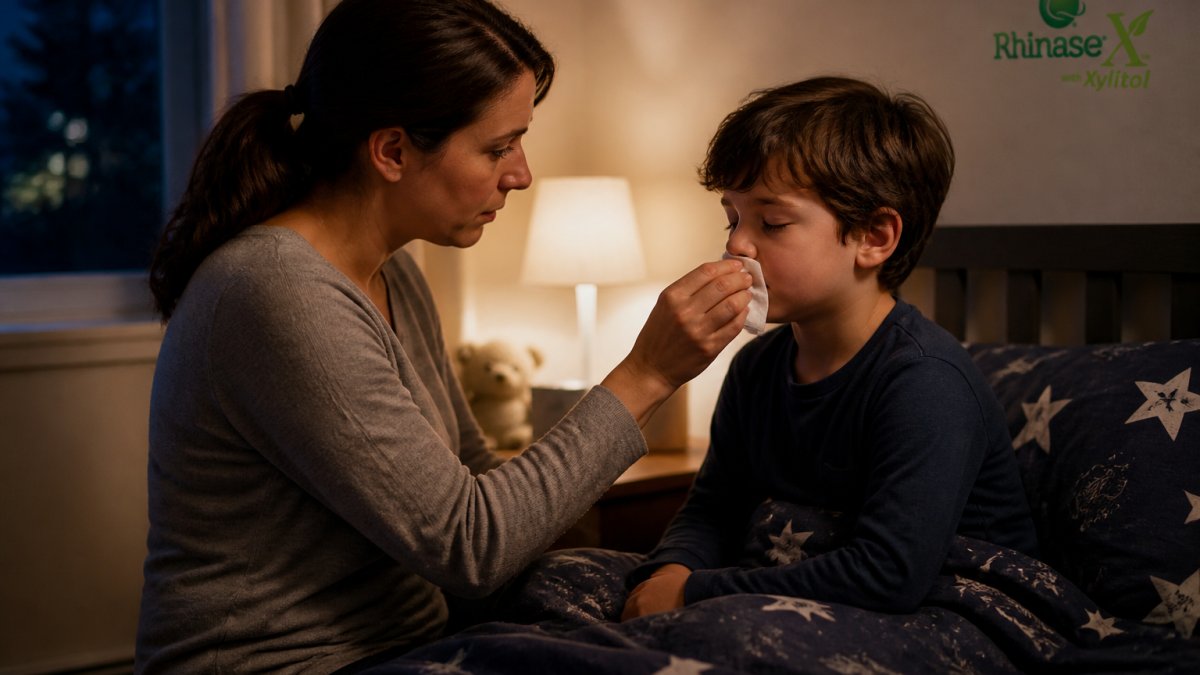 A parent calmly sitting on the edge of a child's bed at night, gently holding a tissue to the child's nose while the child leans slightly forward, soft bedroom lamp light in the background