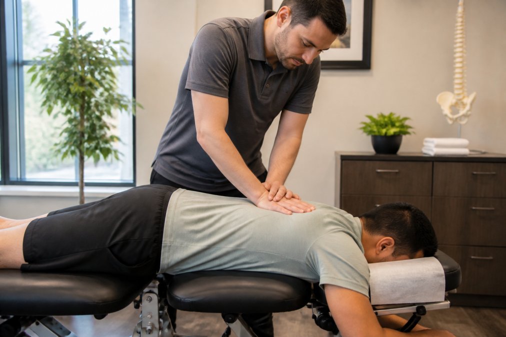 Chiropractor performing gentle spinal adjustment on patient lying face-down on adjustment table, hands positioned on upper back in modern clinical setting with warm natural lighting