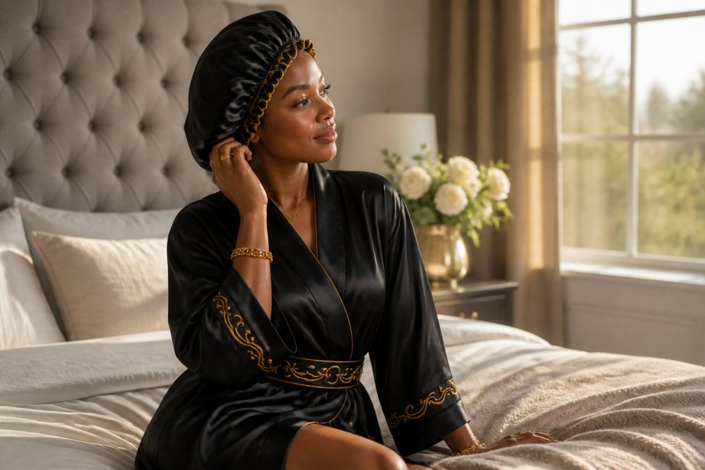 Woman wearing a luxury mulberry silk bonnet and coordinating robe, relaxed expression, soft natural morning light streaming through a window, emphasizing the elegance and comfort of the pieces