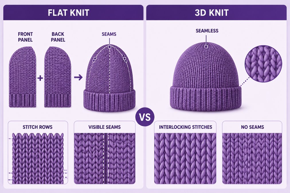 Diagram comparing flat knit vs. 3D knit structure: flat knit shown as separate front and back panels with visible seams and stitch rows; 3D knit shown as continuous, seamless construction with interlocking stitches forming a unified dome shape with no seams