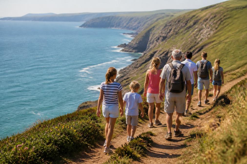 Family and friends of mixed ages walking together along a dramatic clifftop section of the South West Coast Path, with steep cliffs dropping to the sea below, golden afternoon sunlight illuminating the coastal landscape, children and adults enjoying the scenery together