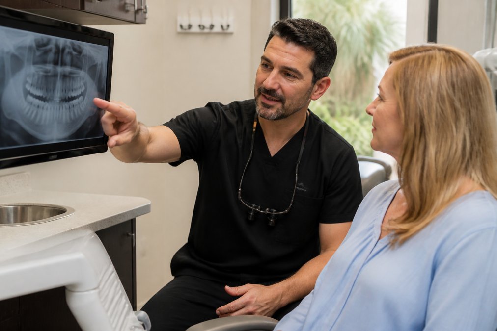 A board-certified implantologist in a modern dental office reviewing a patient's dental X-rays on a monitor, wearing professional scrubs and showing a focused, reassuring expression