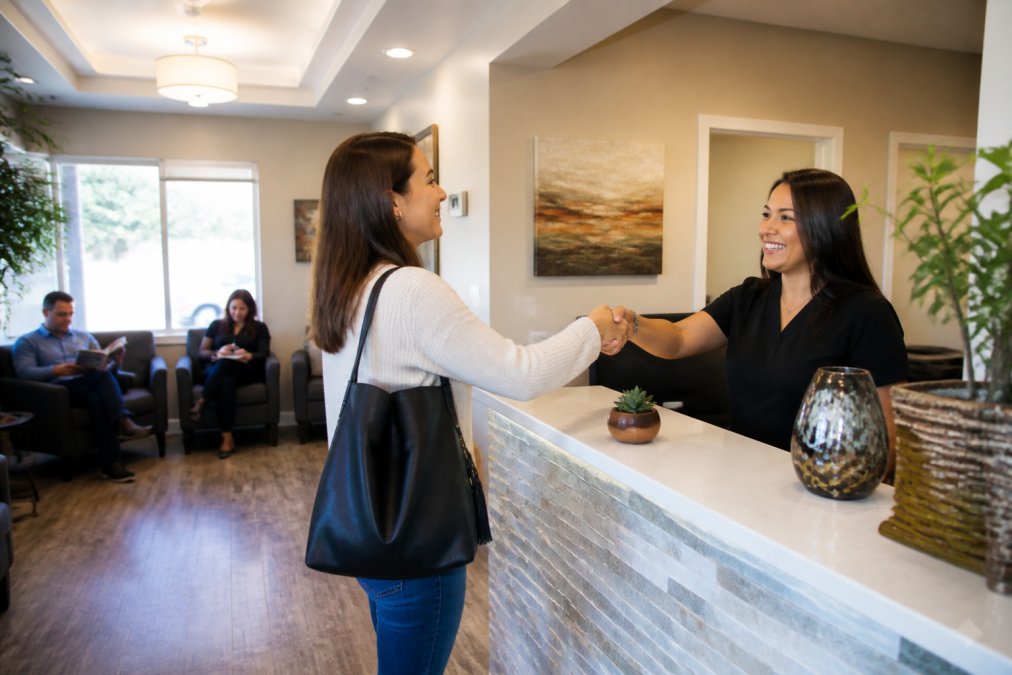 A warm, welcoming shot of a modern dental office waiting area in Albuquerque, with a friendly receptionist at the front desk and a patient being greeted