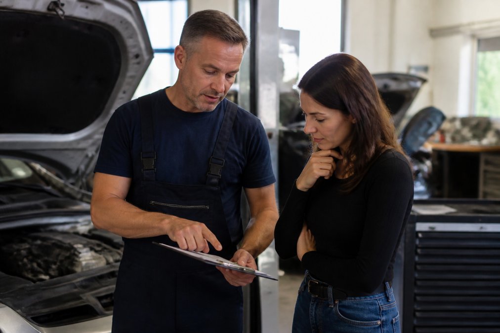 Garage technician speaking directly with a car owner in the workshop, discussing vehicle maintenance with service documentation on clipboard, natural workshop lighting