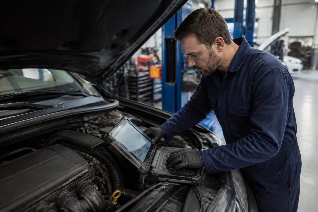 Experienced mechanic using diagnostic computer equipment to scan a vehicle engine, with clear screen display visible in a professional garage workshop, natural workshop lighting
