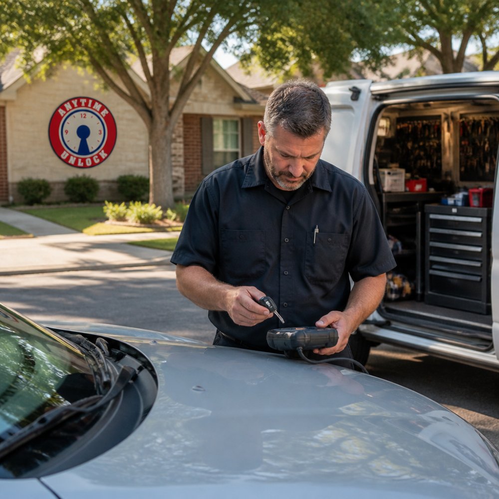 A locksmith technician in a work uniform programming a car key fob next to a service van with tools visible, parked on a residential street in daylight