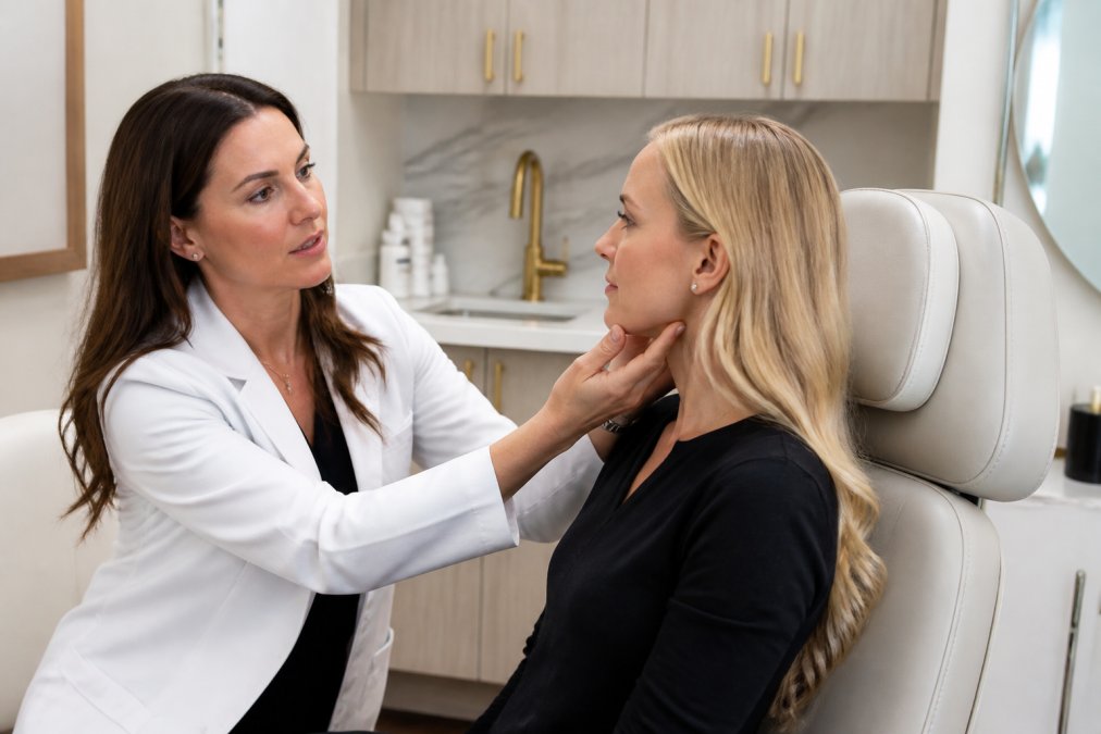 Board-certified physician consultant reviewing facial anatomy and treatment plan with patient in modern clinical consultation room with soft lighting and professional medical setting