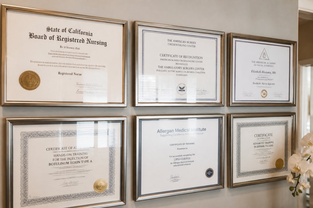 Close-up of professional medical licenses, board-certification documents, and injectable training certifications displayed on medical spa wall showing RN credentials and aesthetic medicine training certificates