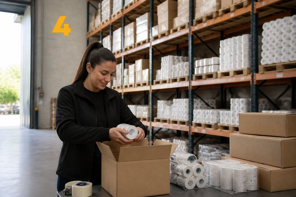 Retail store manager efficiently picking and packing orders from well-organised warehouse shelving stocked with till rolls, receipt paper, and packaging supplies in natural daylight