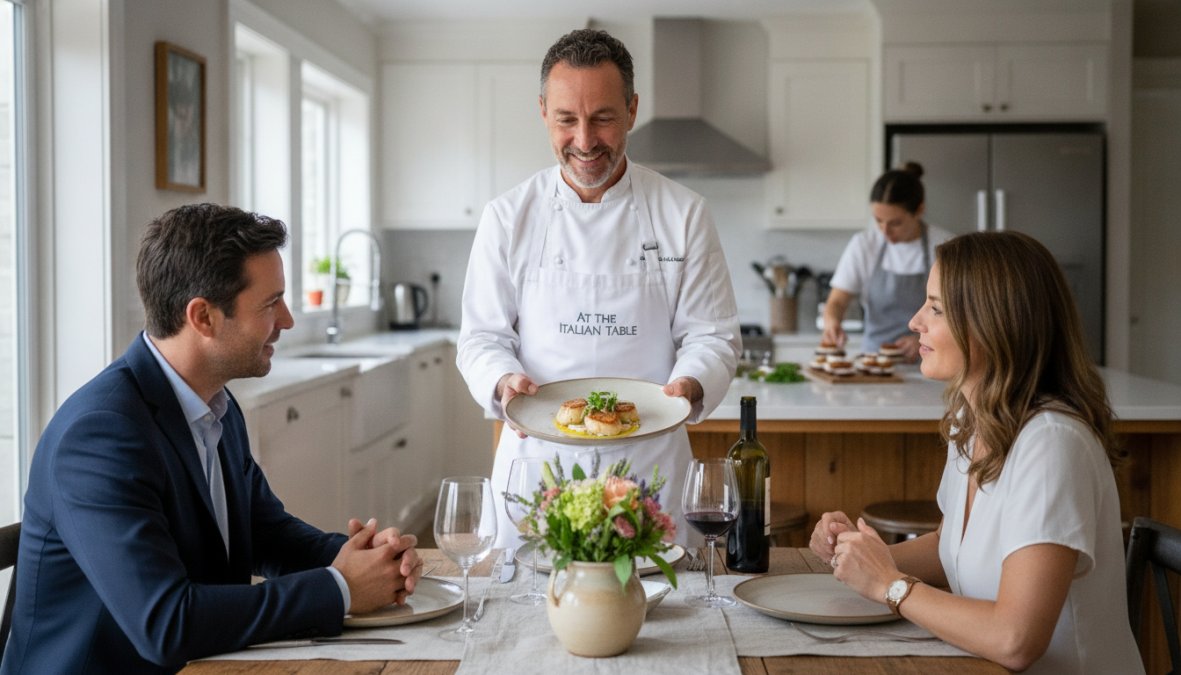 Professional chef plating an elegantly presented gourmet dish in a modern home kitchen with warm ambient lighting while guests chat and smile in the background