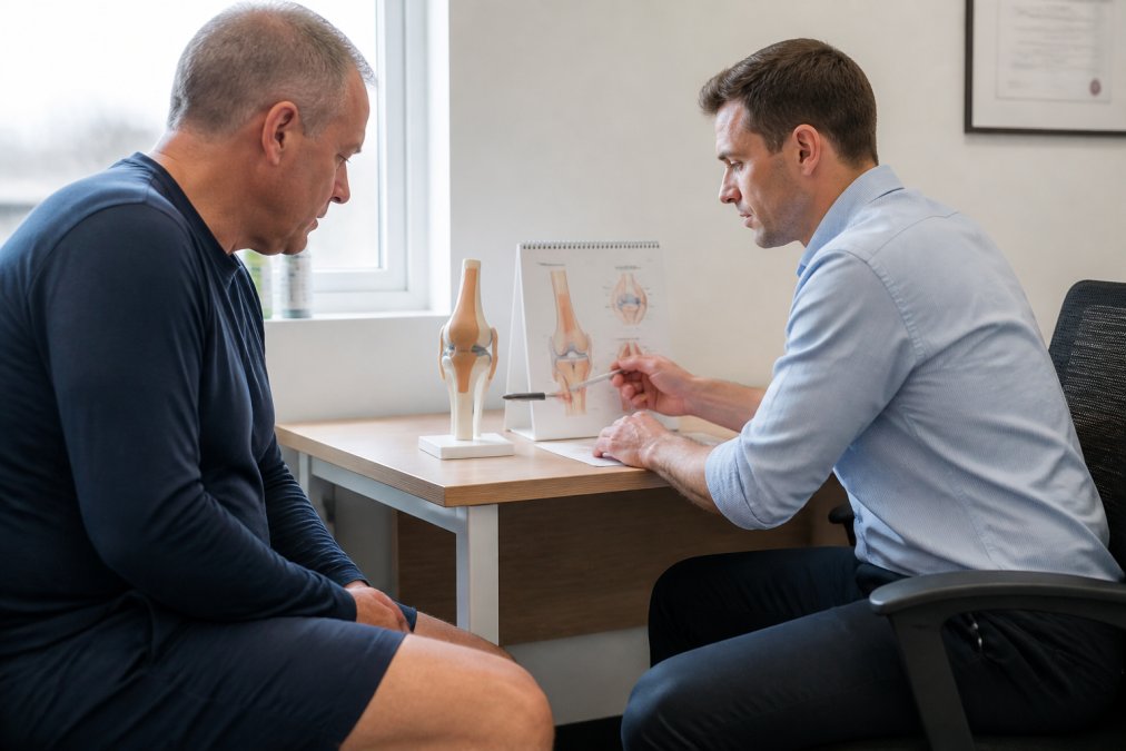 GMC-registered doctor conducting a one-to-one consultation with a patient in a clinical setting, discussing joint pain treatment options at a desk with medical charts visible