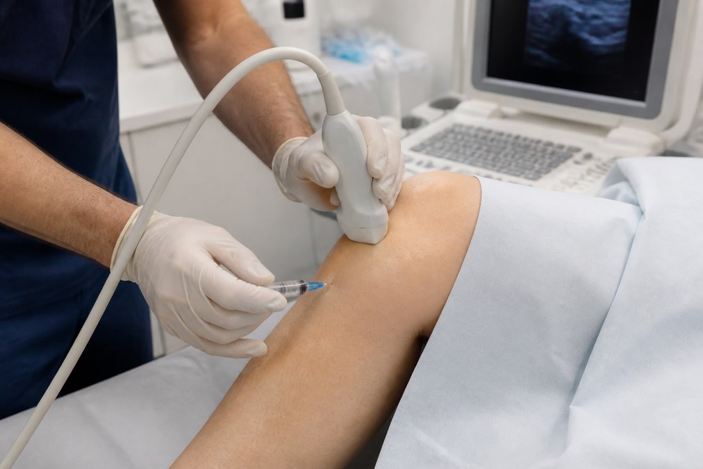 Close-up of a patient receiving an ultrasound-guided joint injection in a professional medical clinic, showing the injection site, the needle approach, and clinical ultrasound equipment in use